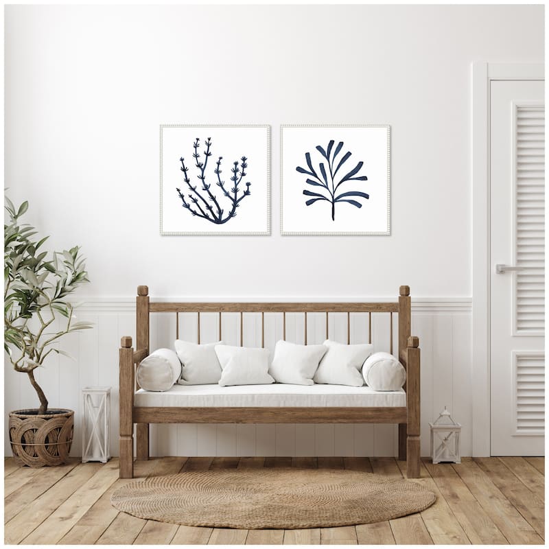 Kate and Laurel Sylvie Beaded Coastal Coral Seaweed Botanical 4 and 6 Framed Canvas Art Set by The Creative Bunch Studio