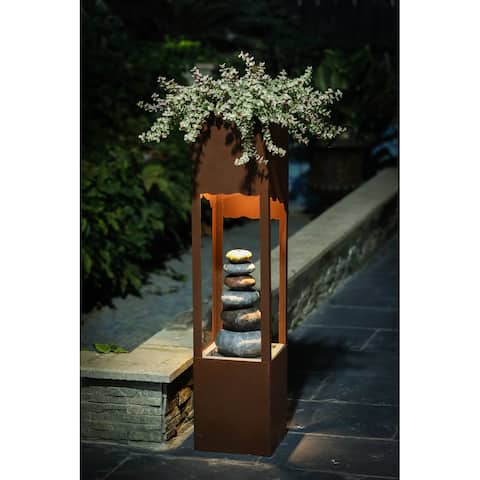 Brown Stacked Rock Column Outdoor Fountain with LED Light