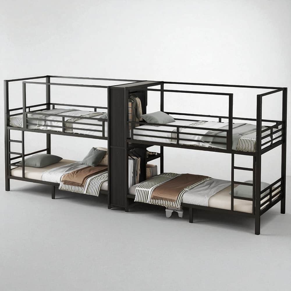 Quadruple Metal Bunk Bed Twin/Full/Queen with Storage Shelves and Wardrobe, Heavy-Duty Frame with Guardrails