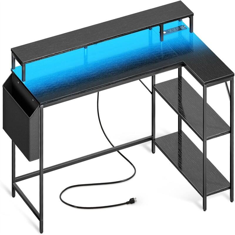 L Shaped Gaming Desk with LED Lights - Black