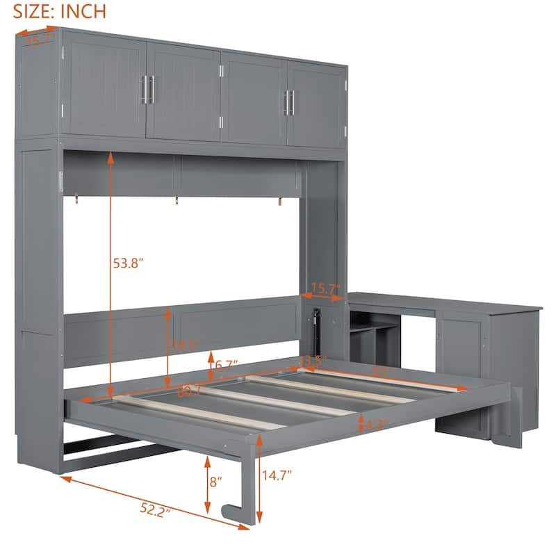 Queen Size Murphy Wall Bed with Desk, Cabinets, and Shelves, Space-Saving Foldable Bed with Storage