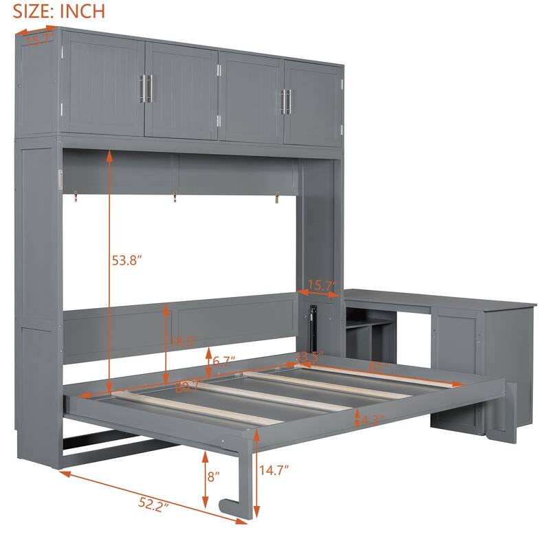 Queen Size Wall Murphy Bed Chest with Top Cabinet and Desk, Wooden Hidden Wall Bed Frame, Foldable Platform Cabinet Bed