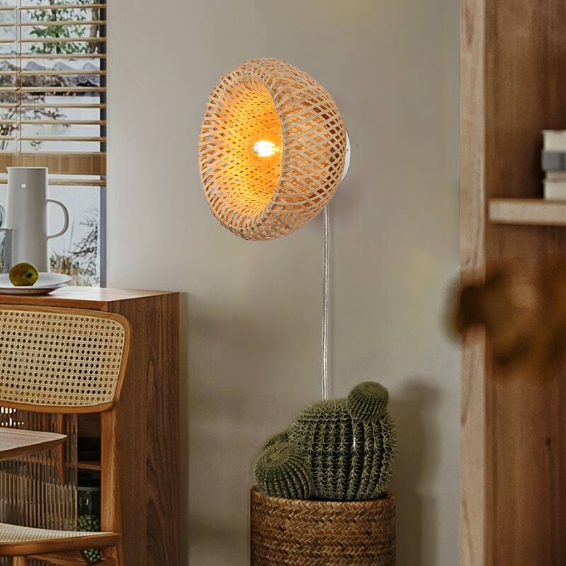 Farmhouse Wicker Wall Lamp Fixture Plug in Cord Bamboo Handmade Mounted Sconces for Living Room, Bedroom - Yellow