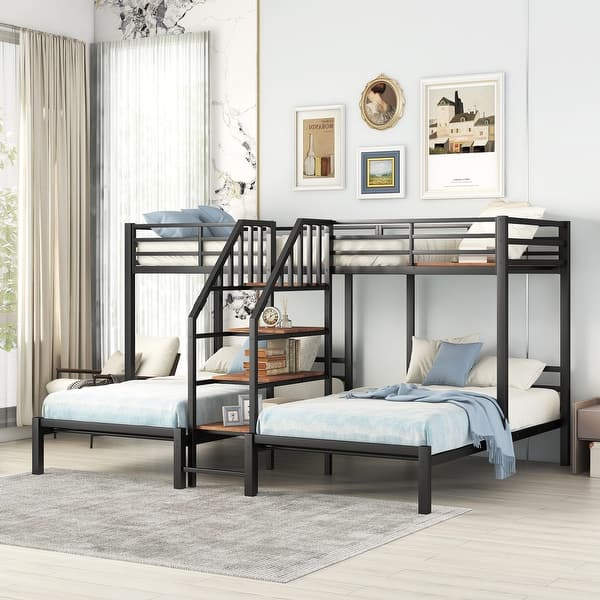 slide 2 of 26, Metal Twin over Twin & Twin Bunk Bed with Storage Shelves Staircase, Triple Bunk Bed Frame, No Box Spring Needed for Kids Black