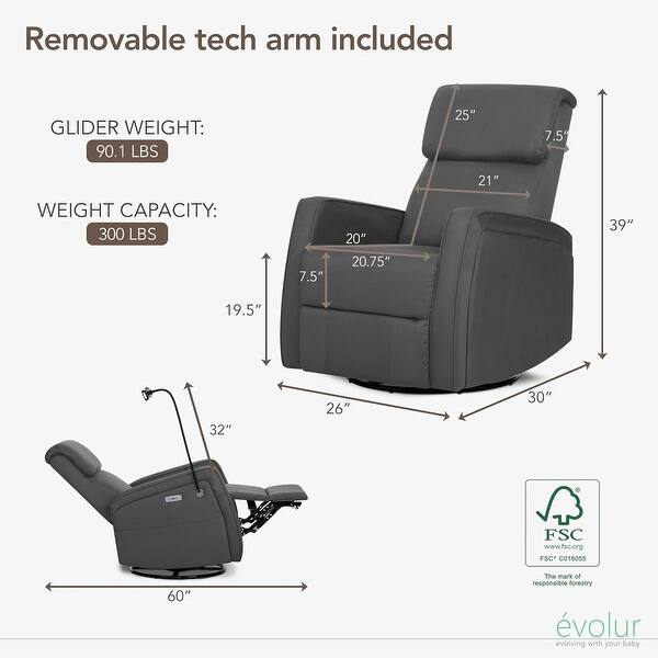 dimension image slide 0 of 2, Evolur Maverick Power Recline Glider with Device Holder