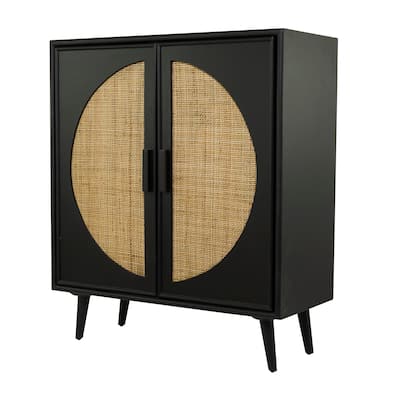 Wood Geometric Square 2 Door Cabinet with Circular Cane Accent - Black - Roche River Decor - 16"W x 36"L x 43"H
