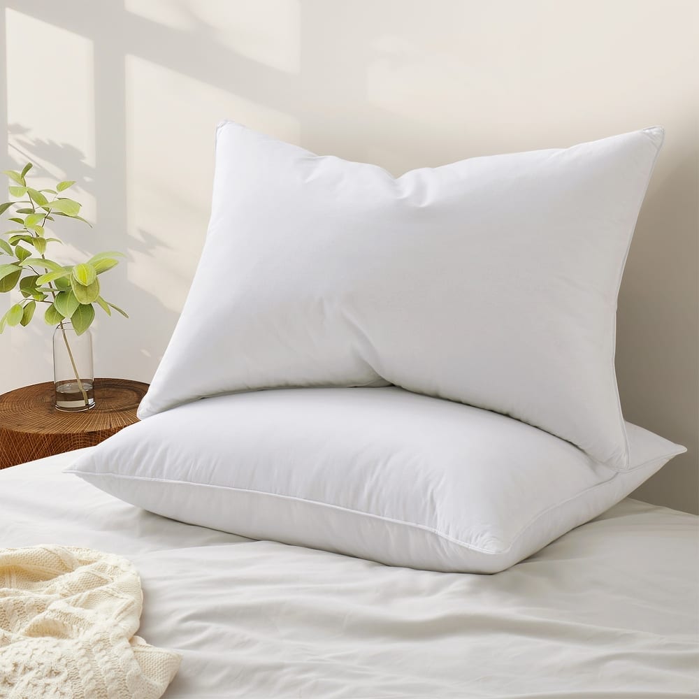 Set of 2 Premium Goose Feather Down Bed Pillows with Cotton Cover - White