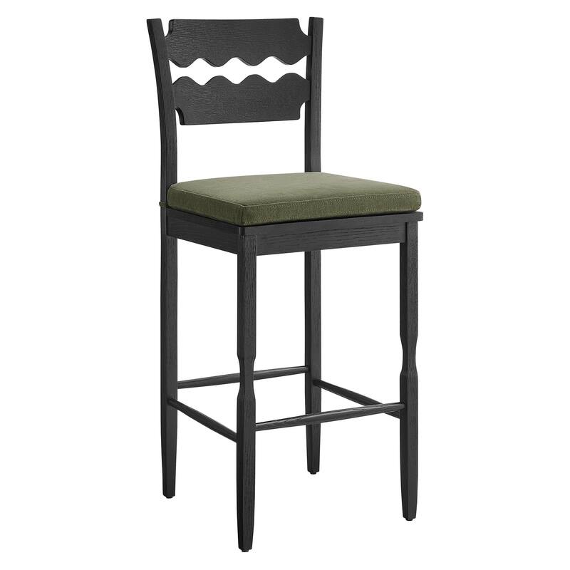 Jax Oak Wood Bar Stool With Wavy Razor Back and Cushion