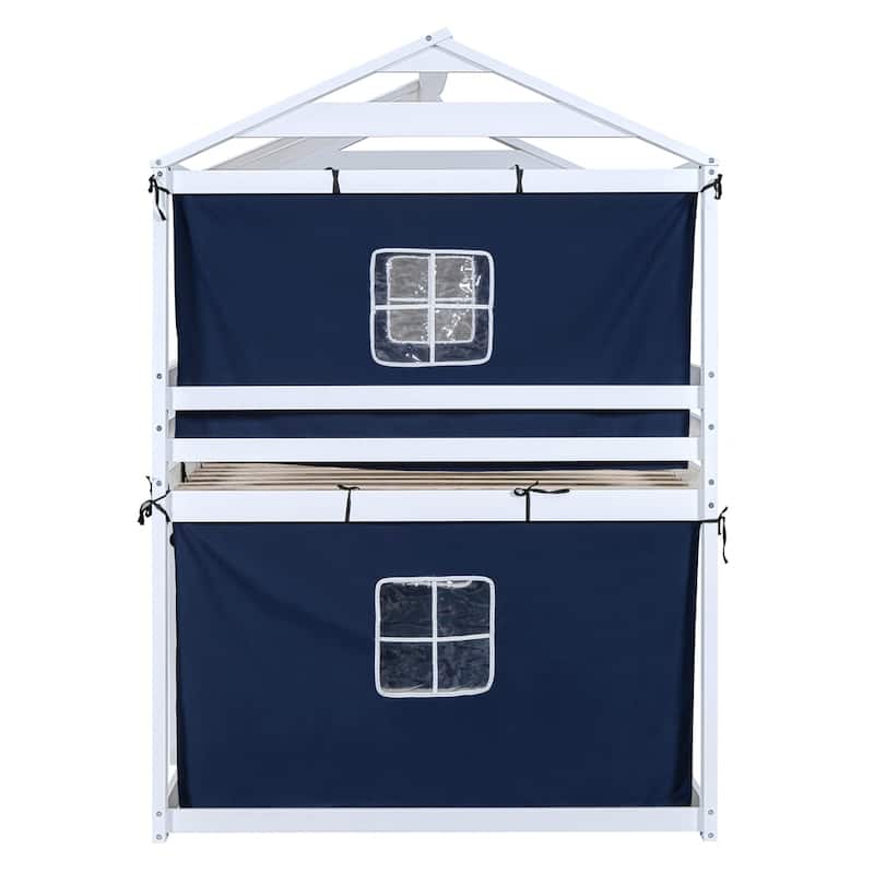 Full Size Bunk Wood House Bed with Tent