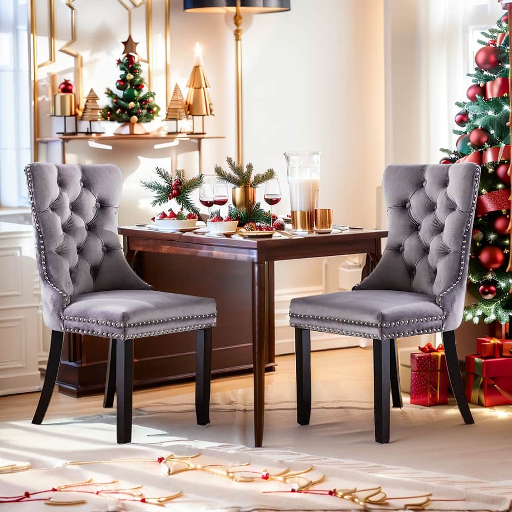 Set of 2 Modern Glam Velvet Dining Chairs - Armless TuftedAccent Side Chairs with Nailhead Trim & Ring Handle