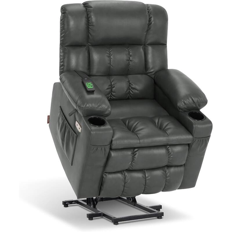 MCombo Dual Motor Small Power Lift Recliner Chair for Elderly, Lay Flat Lift Chair with Heat and Massage, Faux Leather 7893 - Grey