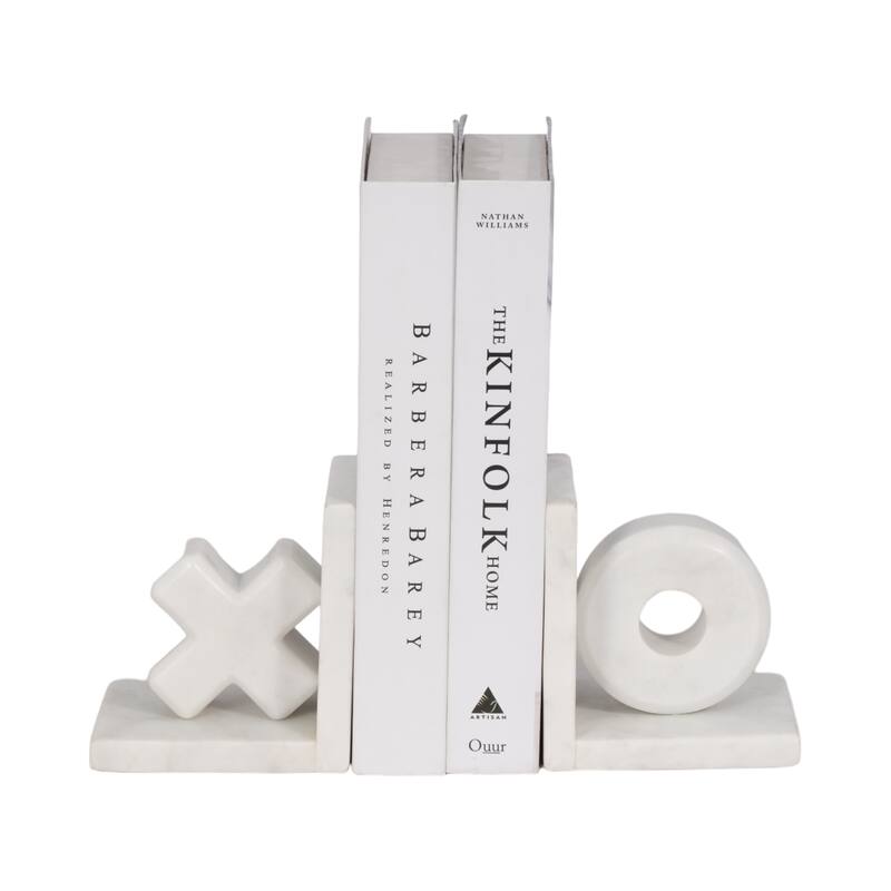 Sagebrook Home Chic Marble X and O Bookends, Sophisticated White, 5-Inch - Elevate Your Shelves, Set of 2 - 5" x 4" x 5"
