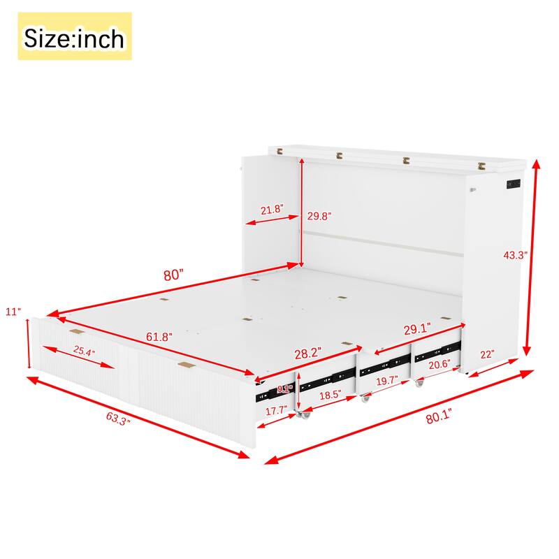Murphy Bed with Pulley Structure Design,Drawer and USB Ports for Bedroom