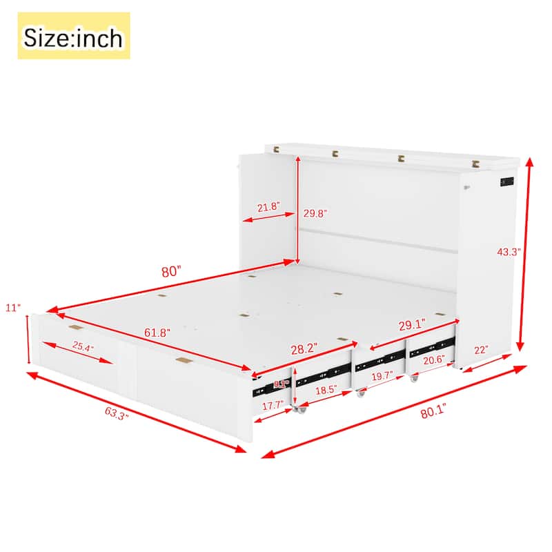 Queen Size Murphy Bed Wall Bed with drawer and a set of Sockets