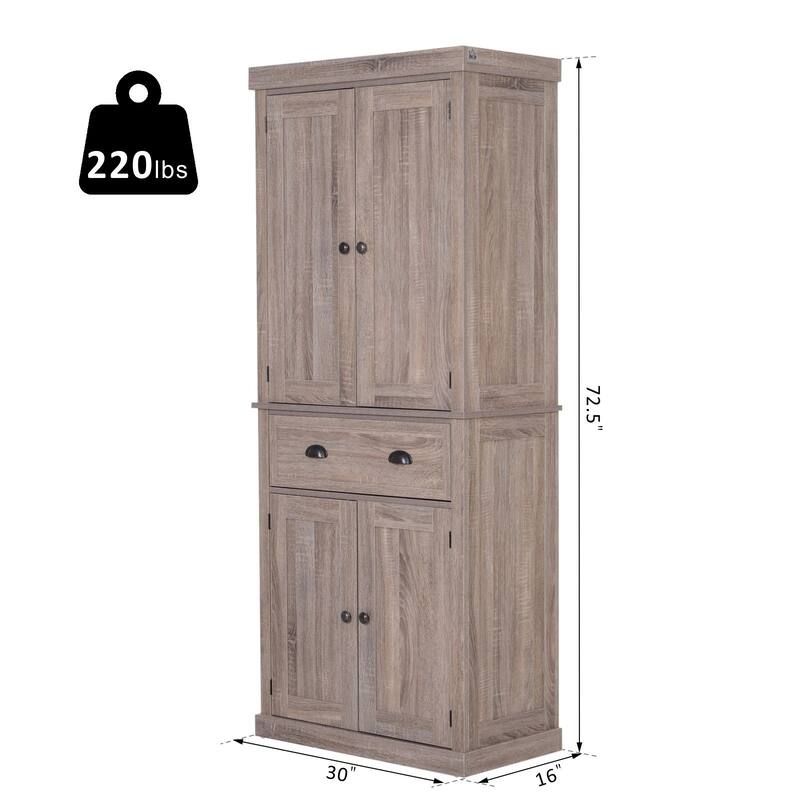 HOMCOM 72" Traditional Freestanding Kitchen Pantry Cupboard with 2 Cabinet,Drawer and Adjustable Shelves - N/A