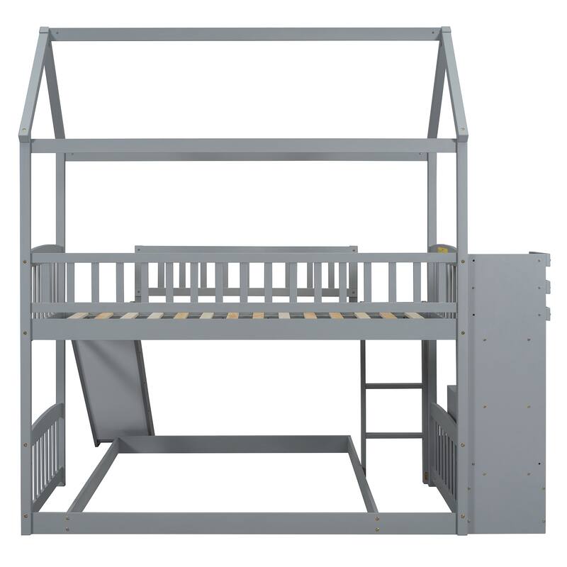 Twin Over Full Bunk Bed with Slide and Storage, Gray