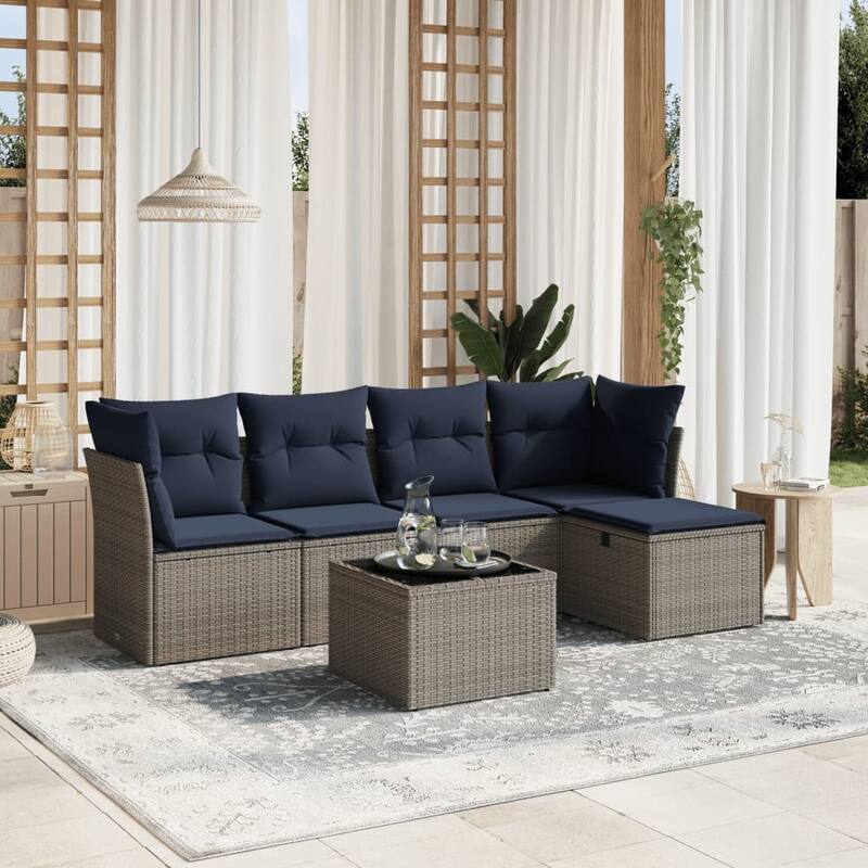 vidaXL Patio Sofa Set with Cushions Outdoor Conversation Furniture Poly Rattan - Gray with table - 24.4" x 24.4" x 27.2"