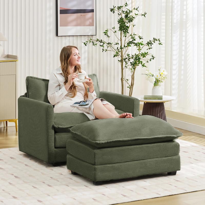 Oversized Corduroy Armchair with Plush Cushions and Movable Ottoman