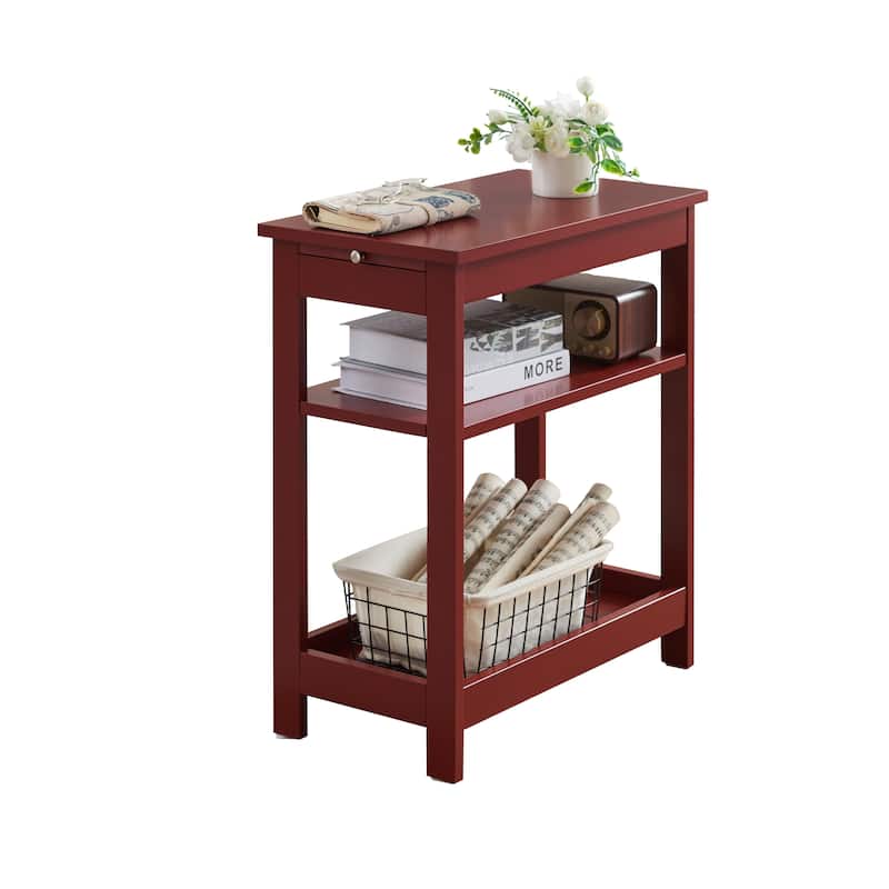 Slim Wood Side End Table with Storage Shelves & Pull-Out Tray, Nightstand for Bedroom, Living Room - 20"L x 11"W x 24"H