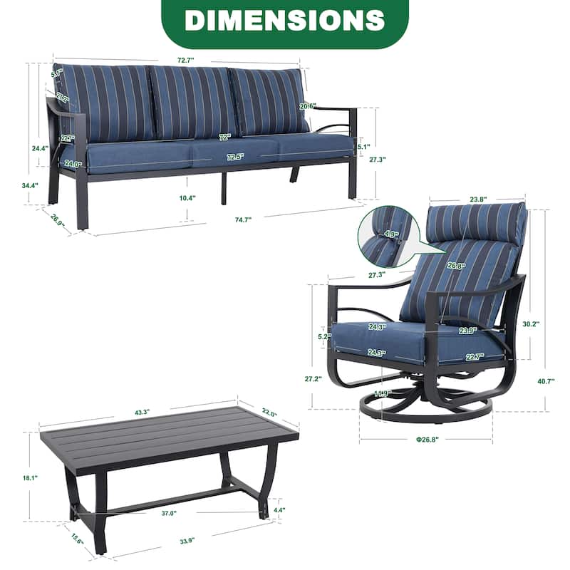 4-Piece Sofa Set with 5.2” Thick Padded Zippered Cushions, Powder-Coated Aluminum Frame, High-Back Design