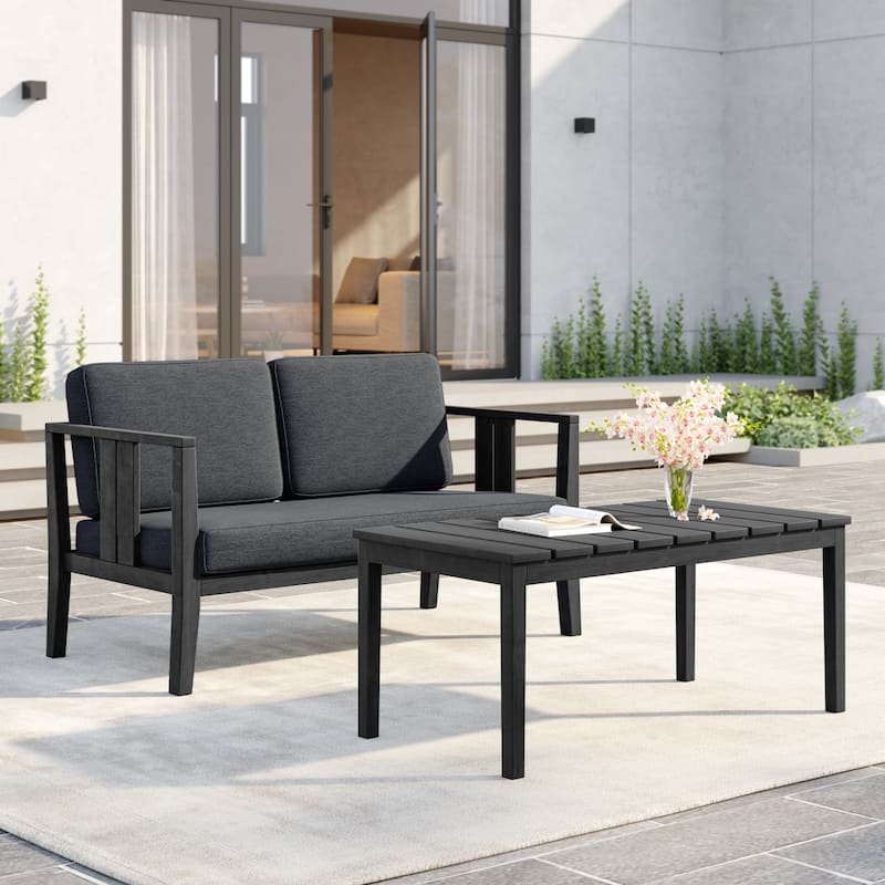 Uixe Teak Patio Loveseat with Coffee Table Outdoor Conversation Set - Black frame-Darkgrey