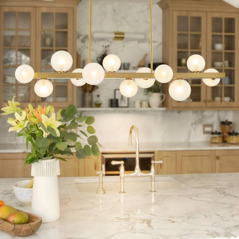 12-Light Modern Gold Linear Sputnik Cluster Pendant Light Frosted Glass Globe Bubble Chandelier for Kitchen Island