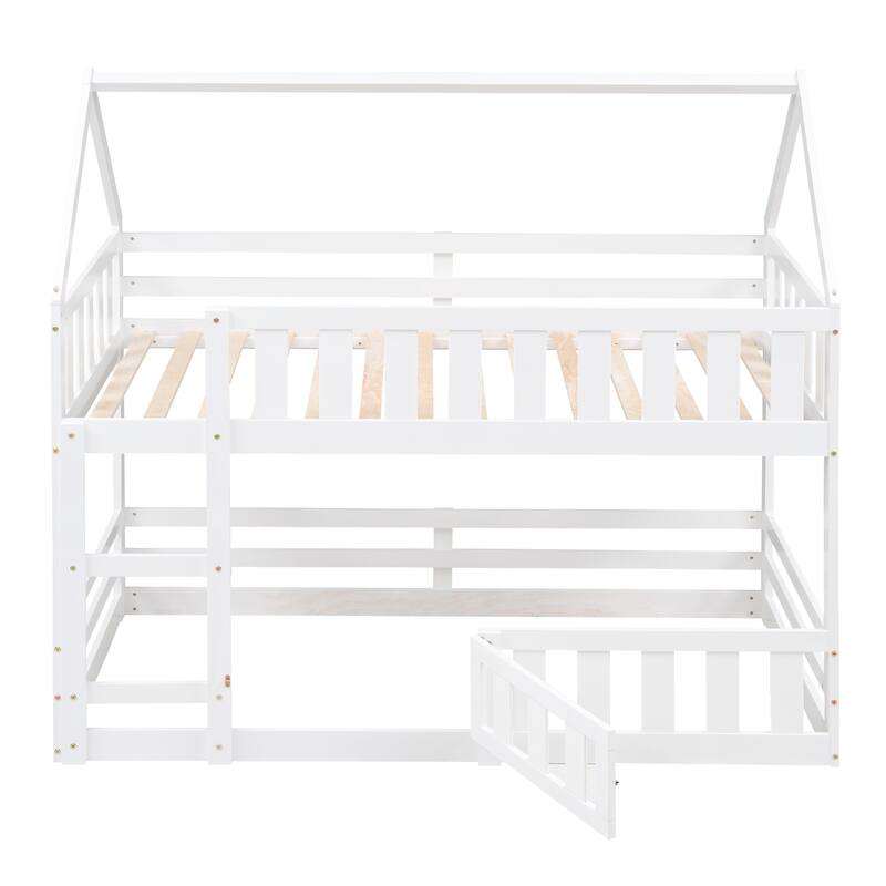 Roomfitters Twin Over Twin House Bunk Bed with Fence Guardrails and Door, White