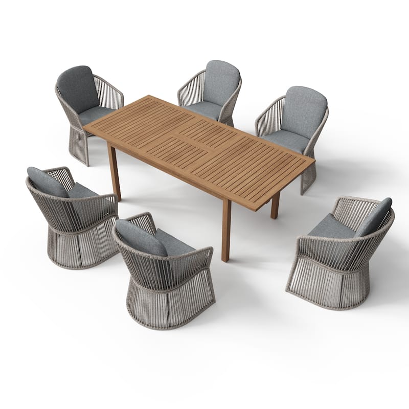 Extendable Wood Outdoor Dining Table Set with 6 PE Wicker Chairs