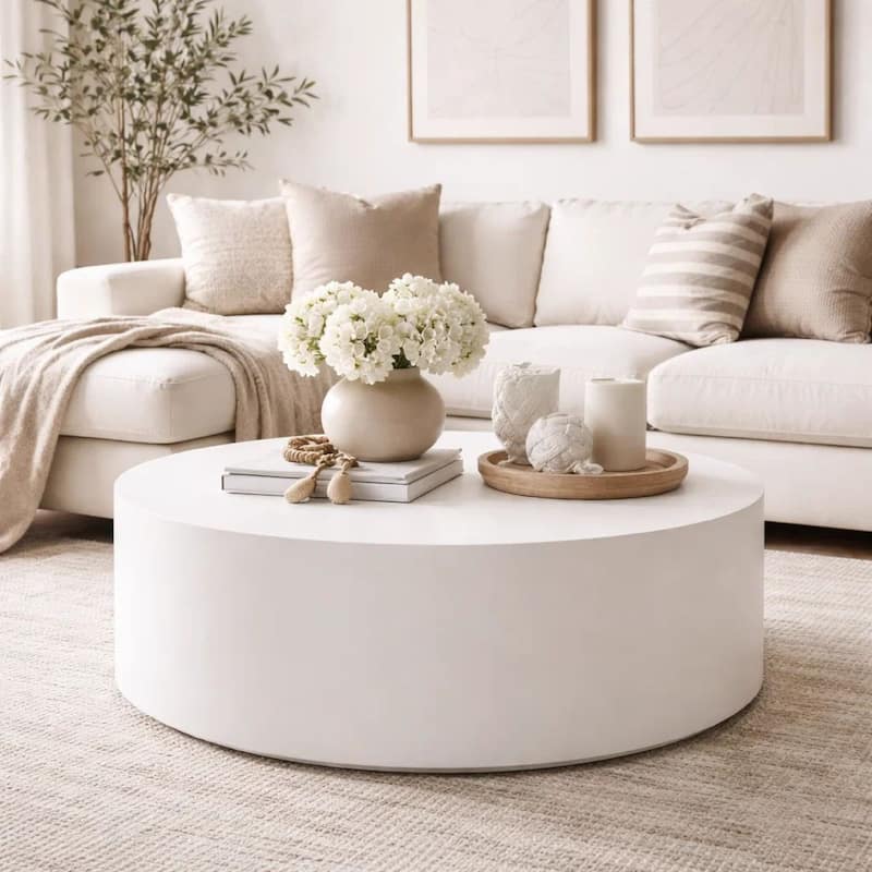 Viko Round Coffee Table, White Wood Faux Concrete Finish, 39 Inch