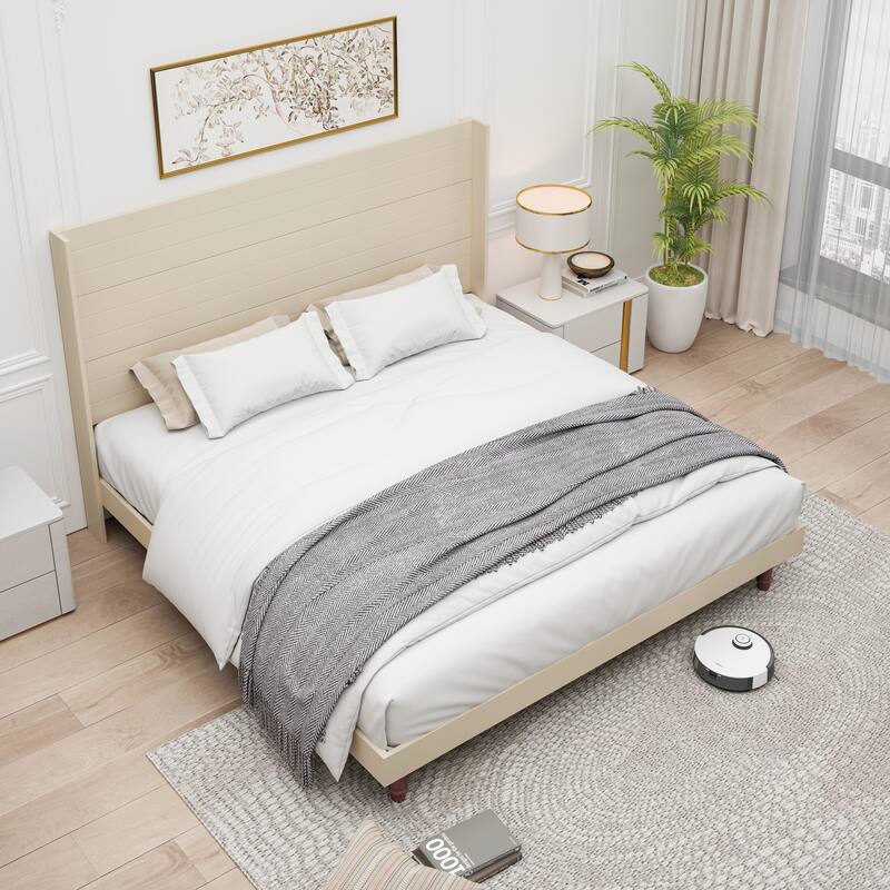 King Platform Bed with Elegant High Headboard & Comfortable Back