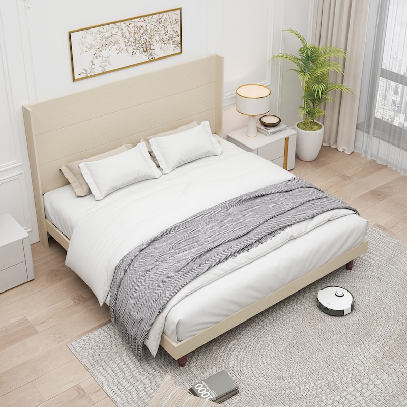 King Size High Headboard Bed with sturdy legs - Beige