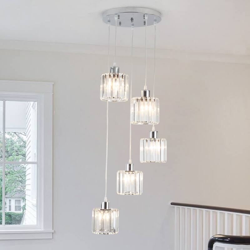 5-Light Dimmable Cylinder Cluster Pendant Lighting Fixture for Kitchen Island - Chrome
