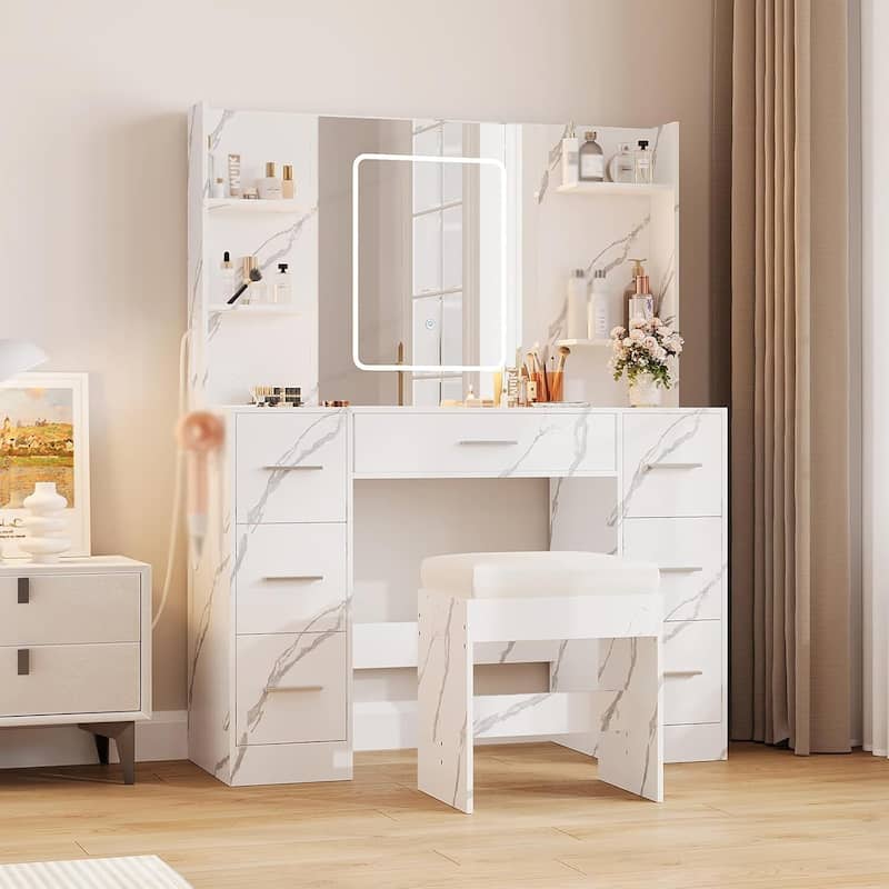 7 Drawers Vanity Desk, Makeup Vanity Table with Touch LED Light Mirror