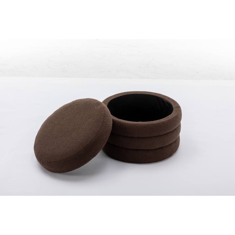 Boucle Fabric Storage Round Ottoman Footstool With Wooden Shelving