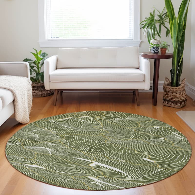 Machine Washable Indoor/ Outdoor Abstract Crackle Chantille Rug - Olive - 8' x 8'