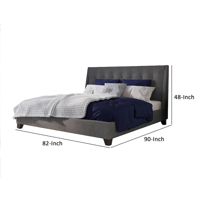 Atina King Bed, Dark Charcoal Gray Linen Upholstered, Slanted Headboard