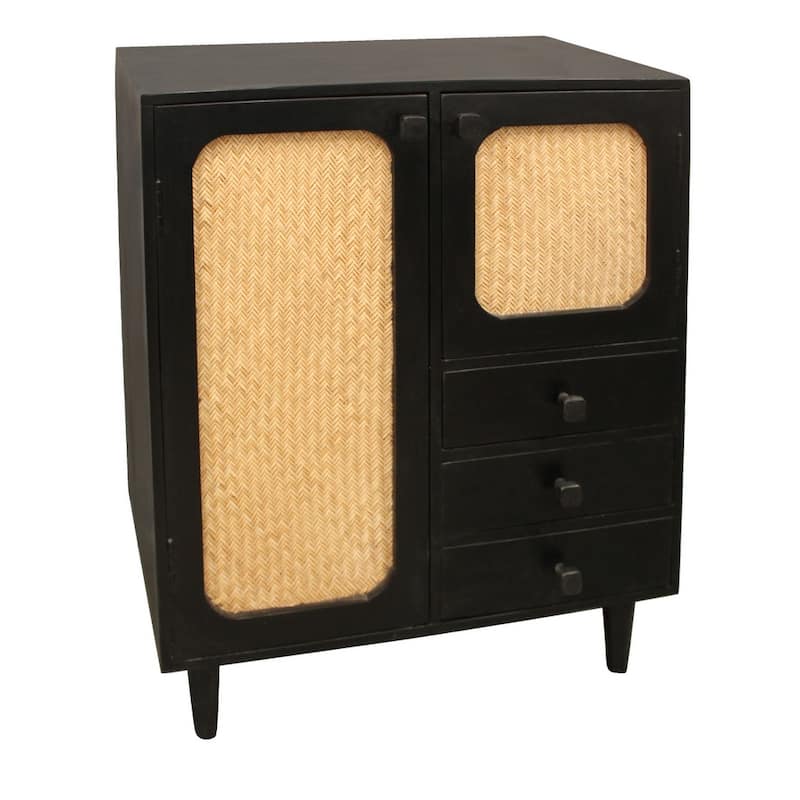 HomeRoots 32" Black Distressed Solid Wood Three Drawer Sideboard with Two Doors - 31.50 in. x 37.00 in. x 12.00 in.