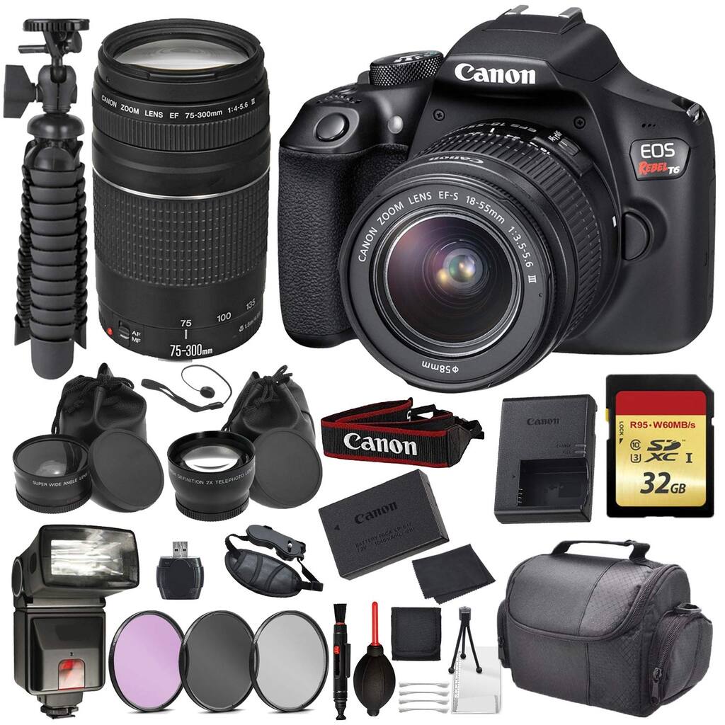 Canon EOS Rebel T6 Digital SLR Camera EF-S 18-55mm EF 75-300mm - Professional Bundle with 75-300mm