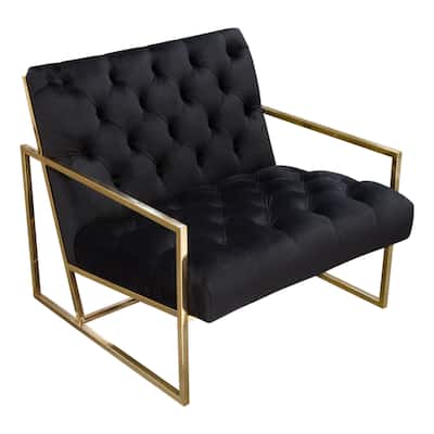 Masy Accent Armchair, Black Tufted Velvet Angled Seat and Back, Gold Legs
