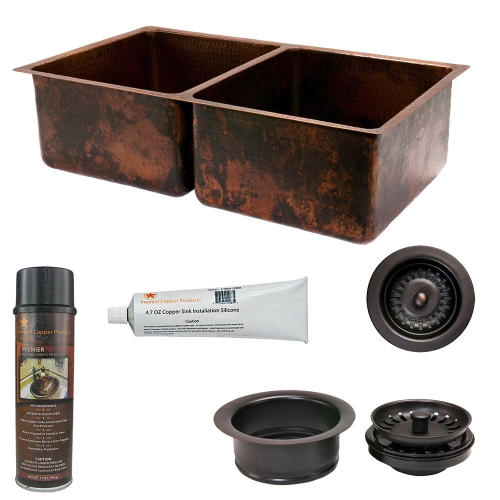 33-in Hammered Copper Kitchen 50/50 Double Basin Sink with Matching Drains, and Accessories (KSP3_K50DB33199)