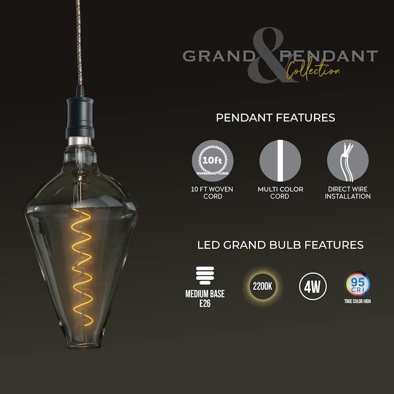 Bulbrite LED Grand Bulb and Pendant Kit Clear Glass 15" Diamond Shaped Bulb
