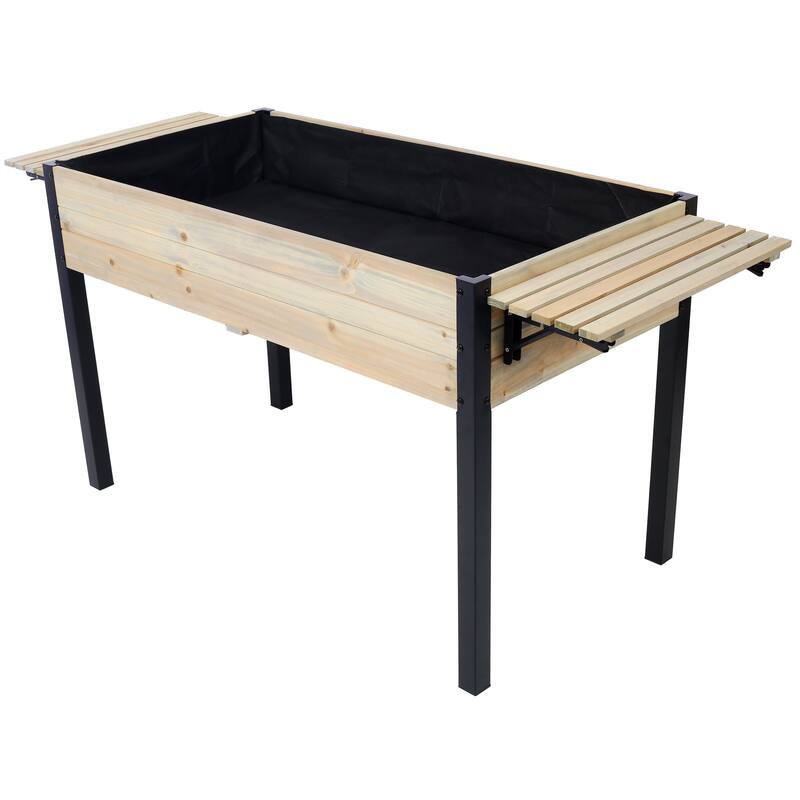 Wood Planter Boxes Raised Garden Bed with Folding Storage Shelf Metal Leg and Modular Bottom Pads for Outdoor Patio Deck