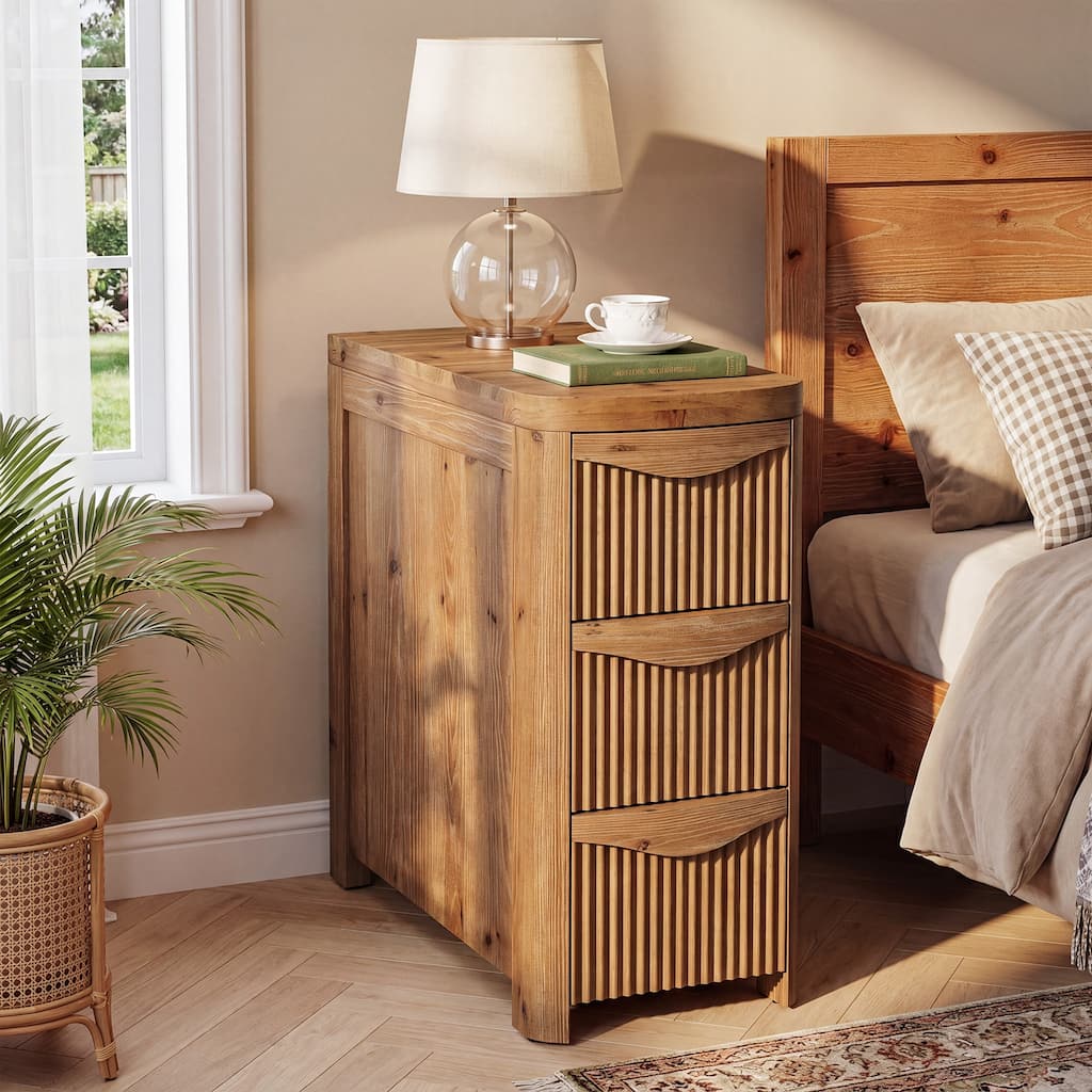 Solid Wood Sofa Side Table, Fluted Narrow End Table with 3 Drawers, Slim Nightstand with Storage