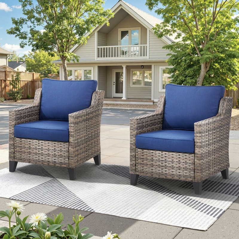 Glissia 2-Piece Handwoven Gray Wicker Patio Armchairs with 4-Inch Thick Cushions - Navy Blue Cushions - Gray Wicker