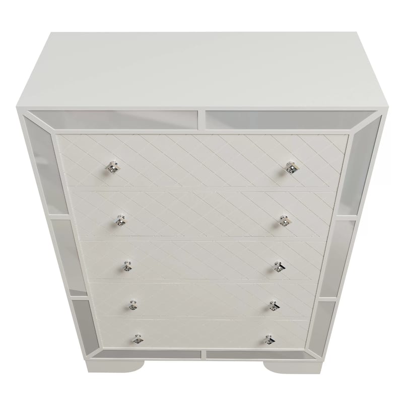 Athon Tall Dresser Chest with 5 Drawers, Diamond Patterns, Ivory Wood