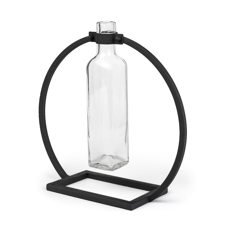 Modern Industrial Black Round Metal and Glass Vase - 4" W x 10" H x 10" D