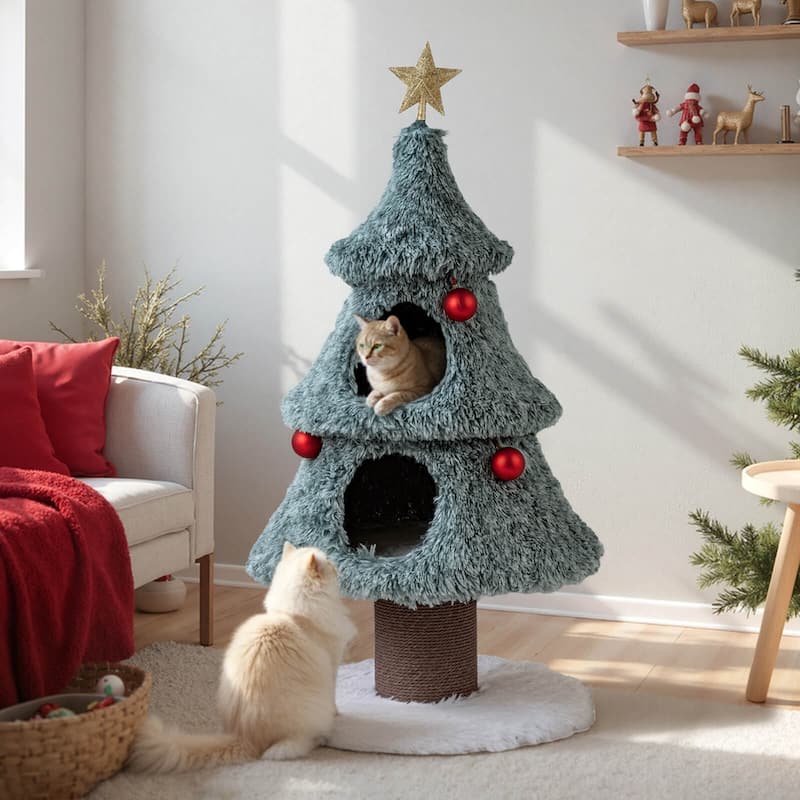 Costway 48.5” Christmas Cat Tree for Indoor Cats with 2 Large Condos, - as pic shows - See Details