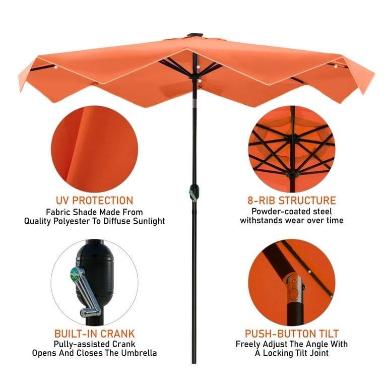 10Ft Patio Ruffled Edge Umbrella Auto-Tilt Crank Umbrella with LED Lights