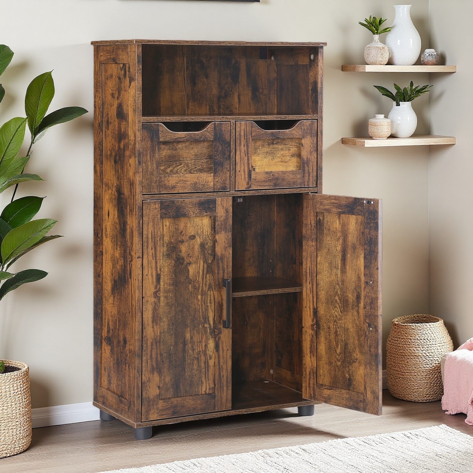 Tall Rustic Storage Cabinet with Drawers & Adjustable Shelf