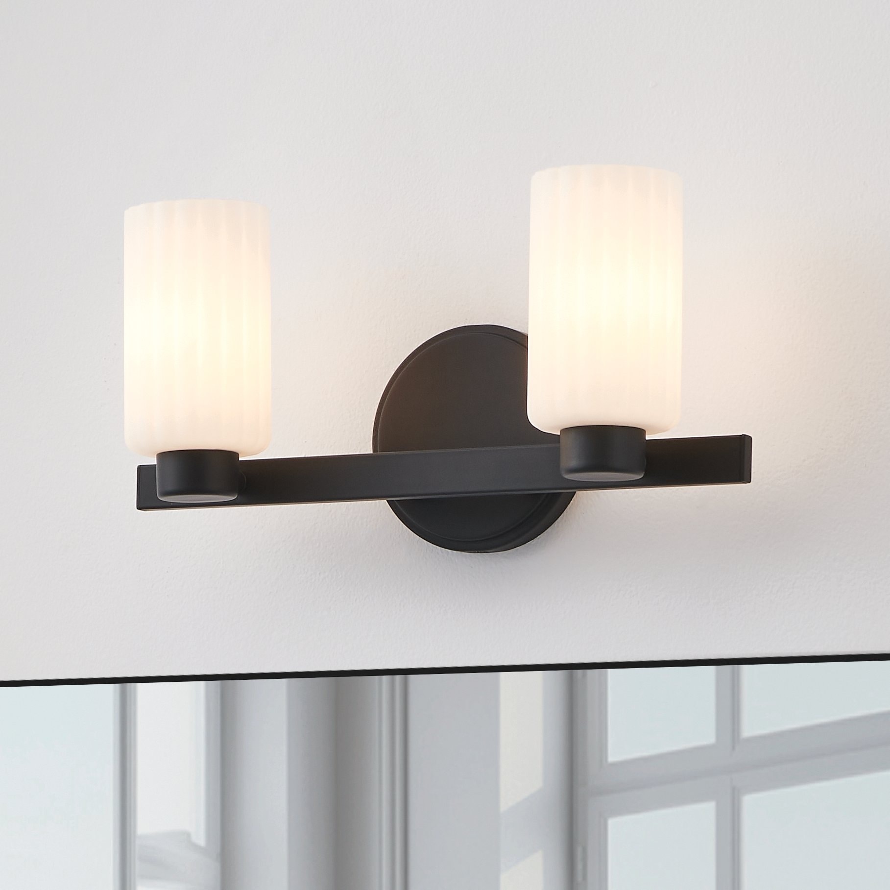 Thesis Bedminster 14-inch 2-light Matte Black Vanity Light with Etched Opal Ribbed Glass Shades